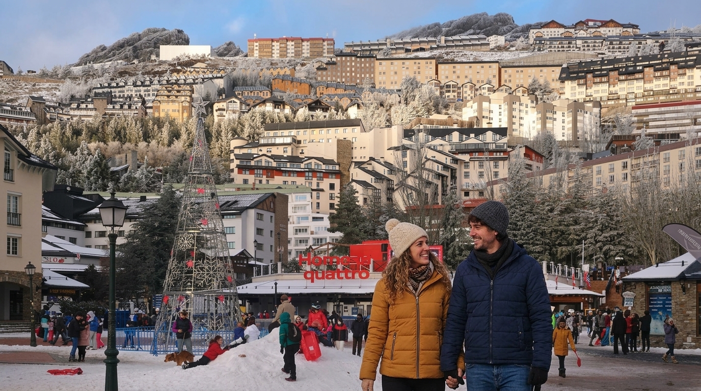 Pareja paseando abrigada por la Plaza de Andalucía de Pradollano rodeada de hoteles de montaña y cumbres nevadas