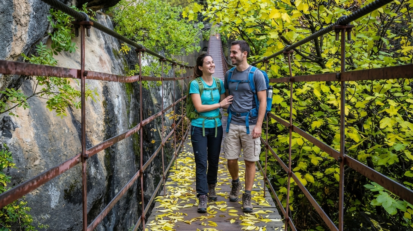 Pareja de senderistas cruzando el puente colgante sobre el cañón del río Monachil en la ruta de Los Cahorros