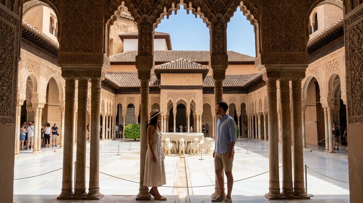 Elena y Marc contemplando las columnas de mármol y la Fuente de los Leones en el Patio de los Leones de la Alhambra