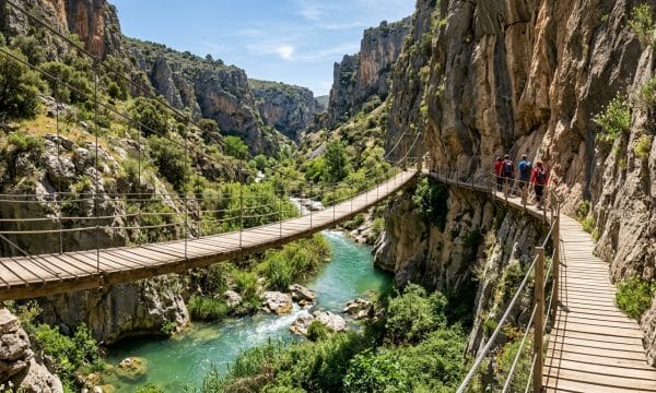 Puente colgante de madera y pasarelas sobre el rio Velillos en los Tajos de la Hoz Ruta del Gollizno Moclin Granada