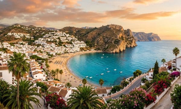 Bahia natural de La Herradura en Granada con acantilados de Cerro Gordo aguas turquesas del Mediterraneo y casas blancas