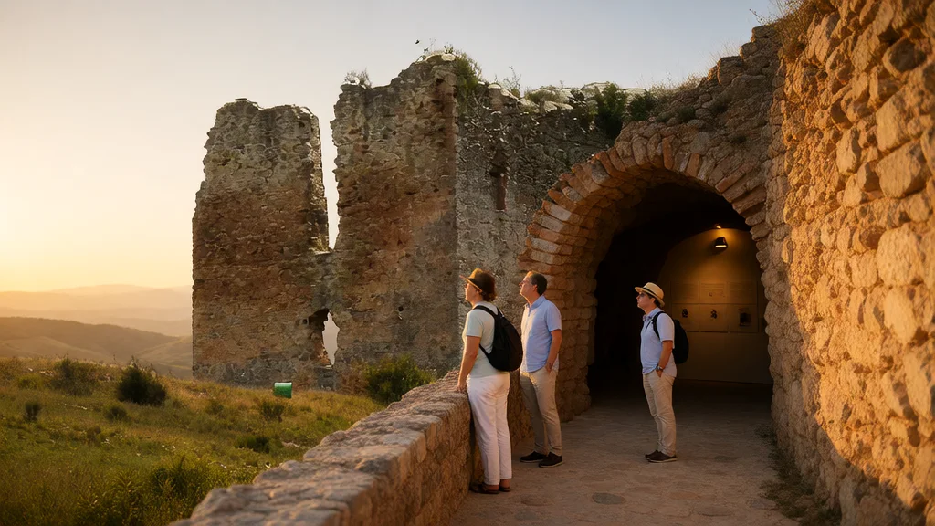 Cueva de las Ventanas y Castillo Árabe de Píñar: tren turístico, recorrido accesible y reserva de entradas — Perspectiva patrimonial a luz de atardecer