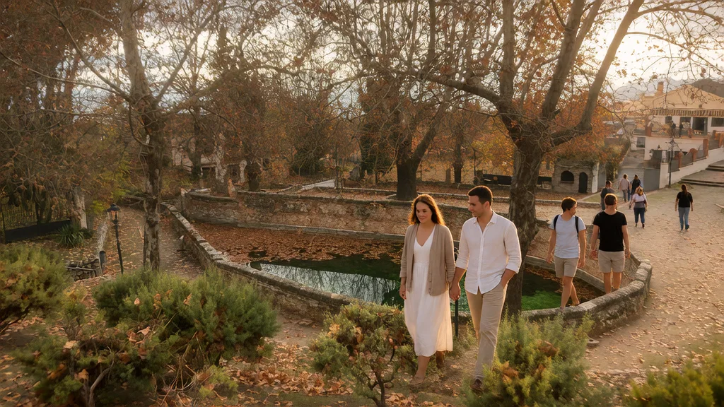 Manantial Árabe de Fuente Grande (Aynadamar), Parque Federico García Lorca y Hornos de Pan en Alfacar — Perspectiva patrimonial a luz de atardecer