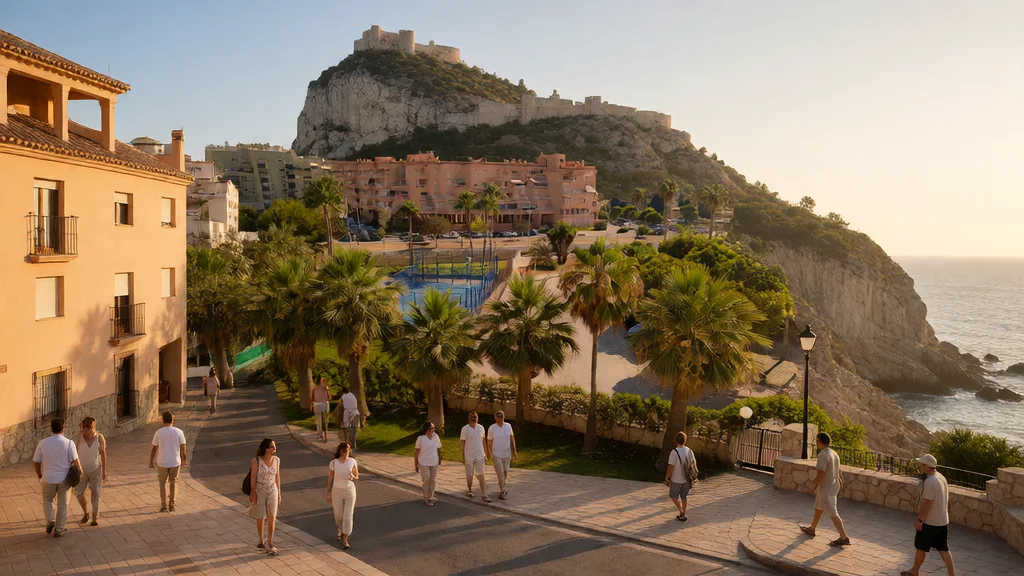 Salobreña: castillo, casco histórico, playas y transporte — Perspectiva patrimonial a luz de atardecer