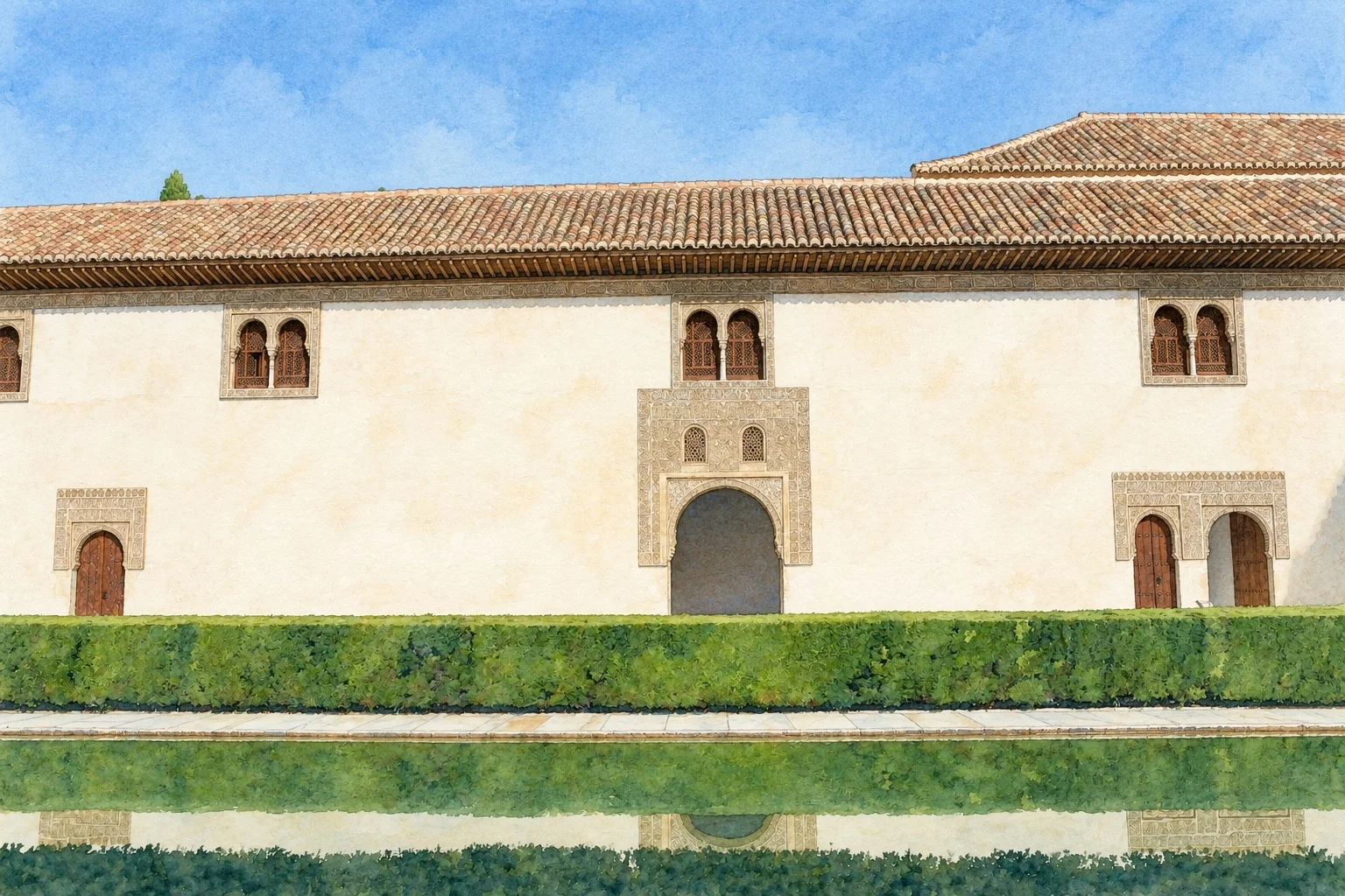 Vista de fachada lateral do Pátio de los Arrayanes, com cobertura de telha, janelas emparelhadas, sebe de murta e reflexo no lago