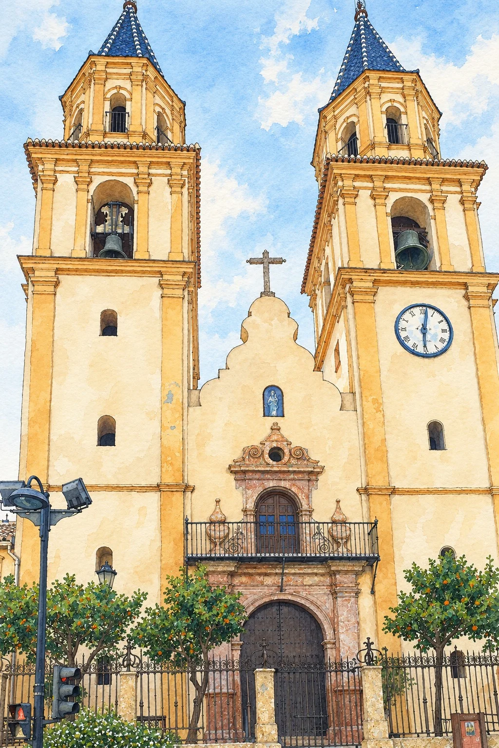 Veduta della Madonna dell'Attesa di Órgiva, con due torri e orologio a destra