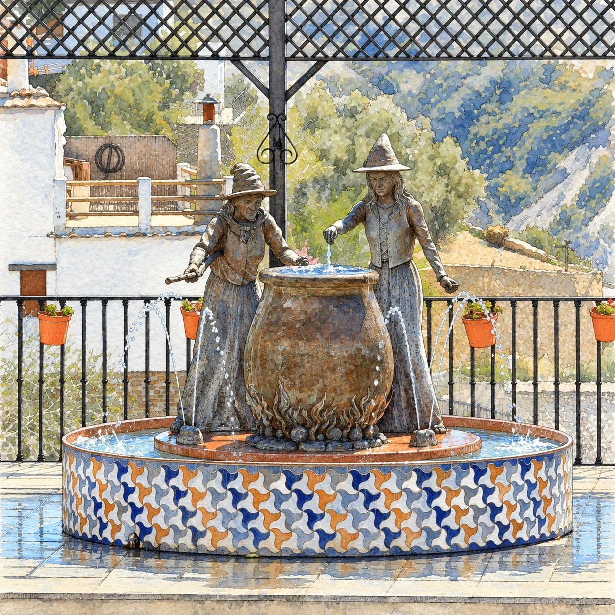 Vista da fonte das bruxas de Soportújar, com duas figuras e caldeirão