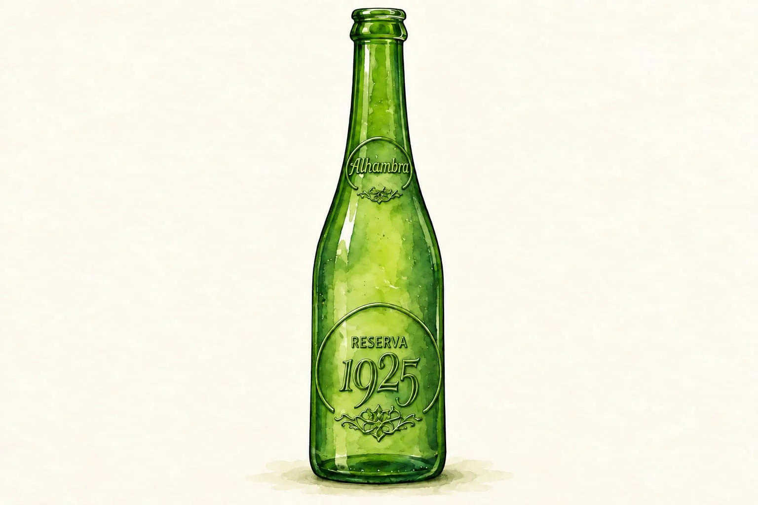 Photograph einer grünen Flasche Alhambra Reserva 1925 auf hellem Hintergrund