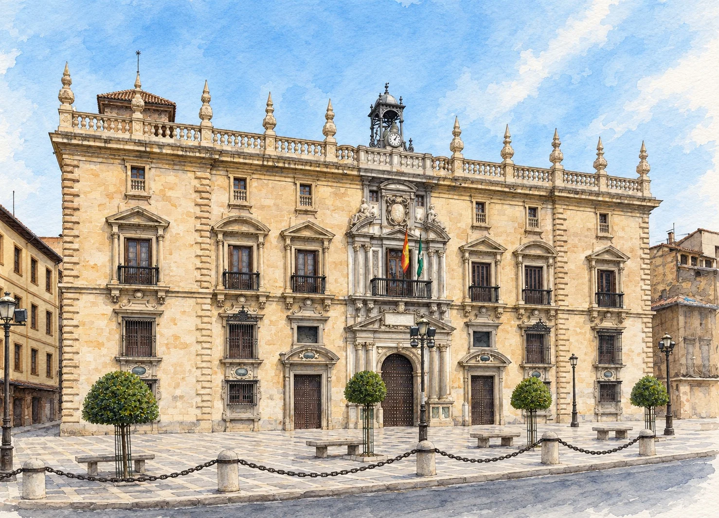 Photograph de la façade de la Chancellerie Royale de Grenade, vue depuis la Plaza Nueva, avec balcons, porte centrale et horloge