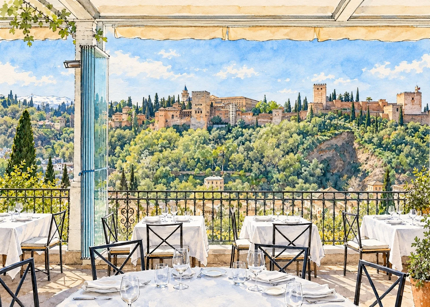 Photograph des Speisesaals Las Tomasas mit Tischen und Blick auf die Alhambra vom Albaicín