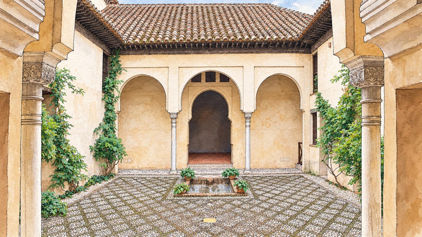 Ilustración del patio de Dar al-Horra, con tres arcos, columnas y pequeña alberca