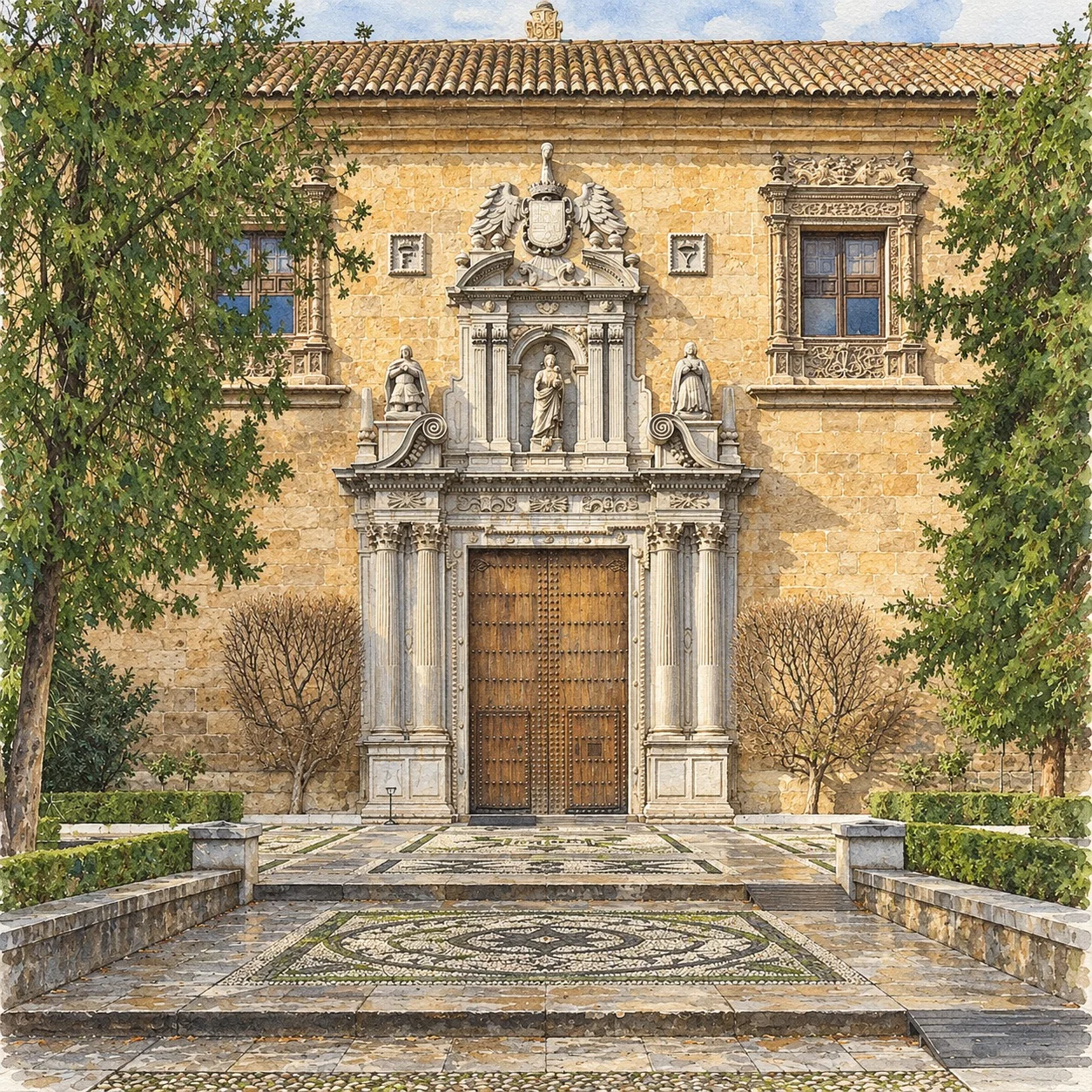 Photograph des Titelblatts des Königlichen Krankenhauses von Granada mit zentraler Holztür, Säulen, Skulpturen und Schild
