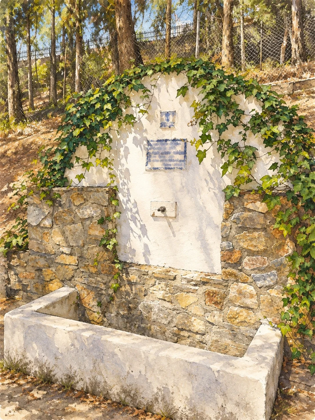 Photograph eines Brunnens im El Salado Park in Lanjarón, mit weißer Wand, Stein und Efeu