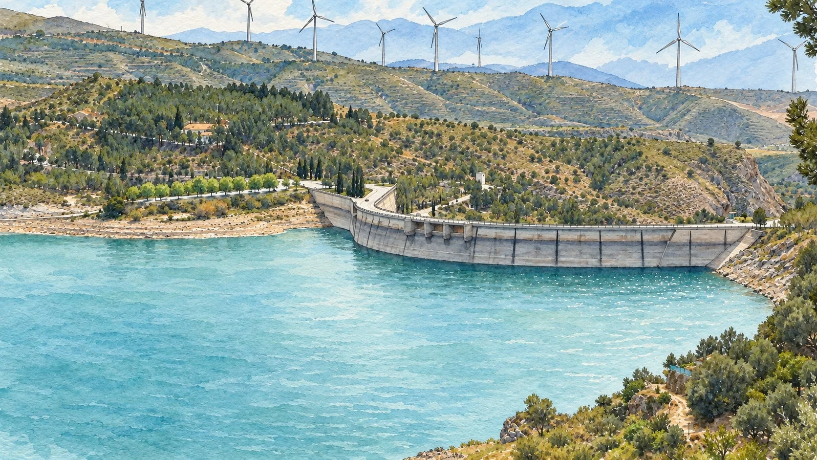 Vista da barragem de Béznar, com parede curva, albufeira, taludes e aerogeradores