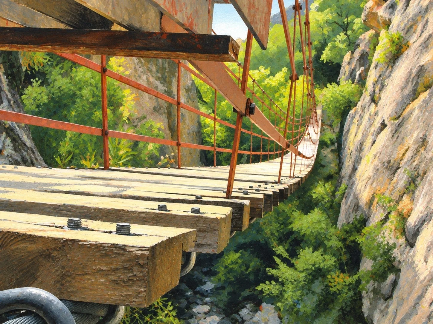 Photograph d'un pont à Los Cahorros de Monachil, avec des planches de bois, des garde-corps en métal et un mur en pierre calcaire