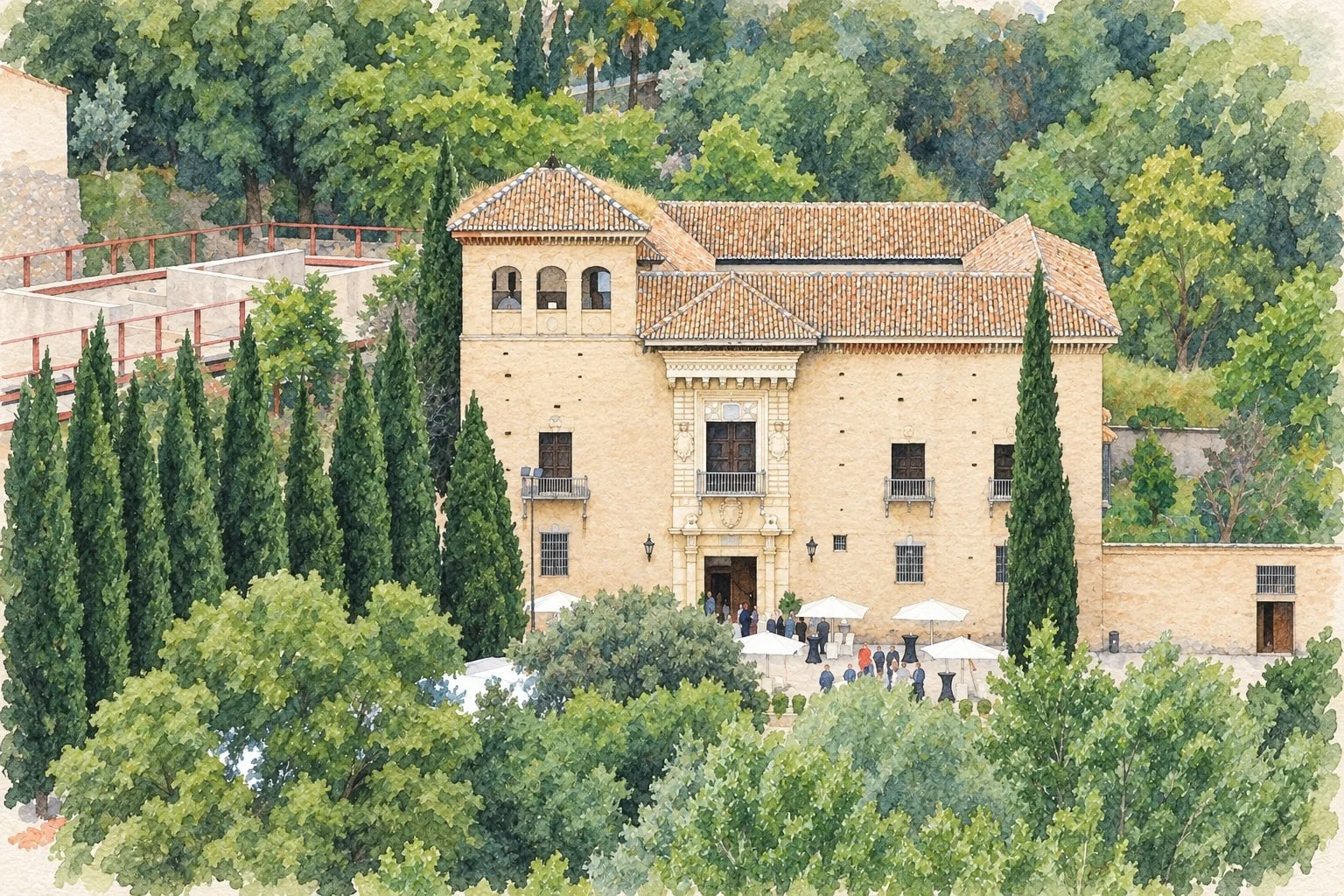 Photograph du palais de Cordoue, avec son portail central, sa tour à trois ouvertures et ses cyprès