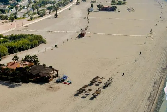 Photograph de la plage de Poniente à Motril : bande de plage, promenade avec palmiers et rivage