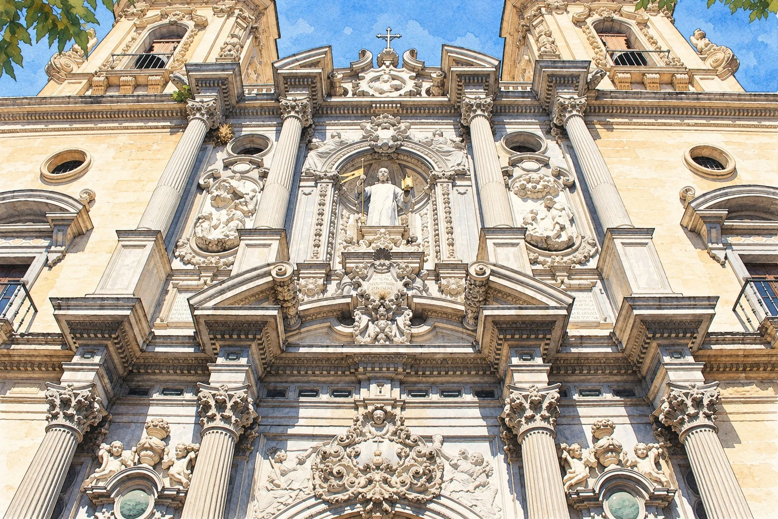 Vista de pormenor da fachada da Basílica de San Juan de Dios, com colunas e nicho